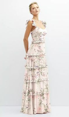 Tiered Chiffon Maxi A-line Bridesmaid Dress With Convertible Ruffle Straps In Blush Garden | The Dessy Group Fitted Floor-length Maxi Dress With Ruffle Hem, Casual Ruffled Floor-length Maxi Dress, Feminine Fitted Maxi Dress, Casual Floor-length Ruffled Maxi Dress, Casual Floor-length Maxi Dress With Ruffles, Flowy A-line Feminine Maxi Dress, A-line Maxi Dress With Ruffle Hem For Brunch, Maxi Length Ruffled Dress For Garden Party, Fitted Maternity Maxi Dress With Ruffles