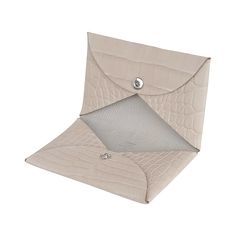 an envelope with a button on the front is shown in beige crocd leather