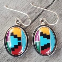 Awesome Sterling Silver Southwest Design Oval Earrings With Multi-Colored Turquoise Insets! Handmade - Shipped From Saint Louis, MO. Southwest Design, Jasper Ring, Oval Earrings, Jasper Earrings, Oval Earring, Moonstone Earrings, Saint Louis, Multi Colored, To My Daughter