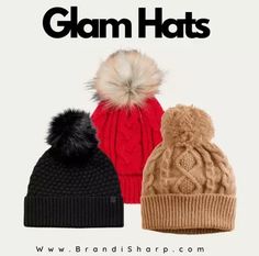 three beanies with pom - poms are shown in different colors and sizes