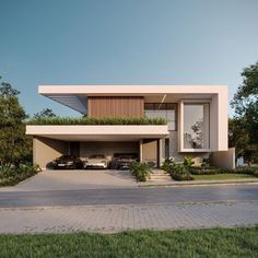 two cars are parked in front of a modern house with plants growing on the roof