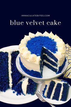 a blue velvet cake with white frosting on a plate