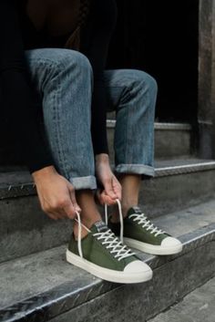 Made out of post-consumer plastic water bottles! #NothingNew #WomensSneakers #StreetStyle #GreenSneakers #RecycledSneakers White Canvas, Forest Green