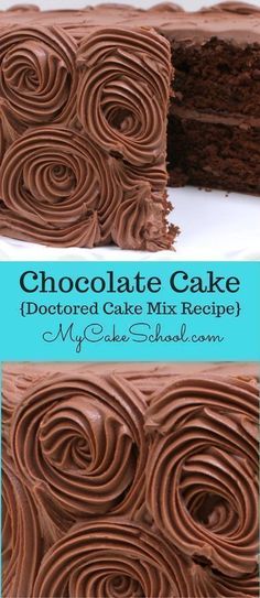 a chocolate cake with swirls on it and the words, chocolate cake decorated cake mix recipe