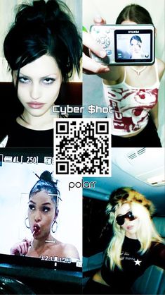 a collage of photos with the same person on their cell phone and in front of them is a qr code