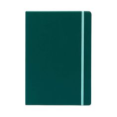 a green notebook with a blue strip on the front and bottom cover, sitting against a white background