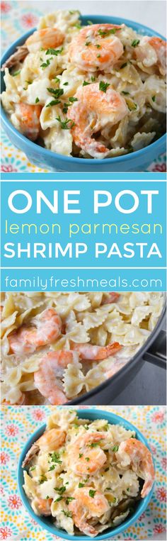 one pot lemon parmesan shrimp pasta in a blue bowl on a colorful tablecloth