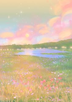 a painting of flowers in the grass near a body of water with stars above it