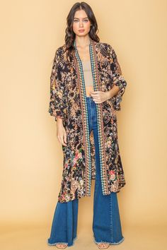 Silk Floral Print Kimono [Size Chart] S (US 3-5) - Bust 33"- 35" / Waist 26"- 27" / Hips 35"- 36" M (US 7-9) - Bust 35"- 37" / Waist 28"- 29" / Hips 37"- 38" L (US 11-13) - Bust 37"- 39" / Waist 30"- 31" / Hips 39"- 40" Model is 5' 9'' and she is wearing size small Thank you for visiting our shop! Please contact us if you have any questions. Spring Floral Print Fitted Kimono, Fitted Spring Vacation Kimono, Fitted Floral Print Kimono For Spring, Summer Floral Print Patterned Outerwear, Fitted Floral Kimono For Festival, Spring Patterned Open Front Outerwear, Patterned Open Front Outerwear For Spring, Fitted Long Sleeve Kimono With Floral Print, Spring Long Sleeve Fitted Kimono