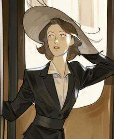 a woman in a suit and hat standing next to a window with her hands on her head