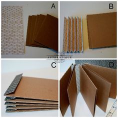 four pictures showing how to make a diy photo album with paper and cardboard strips