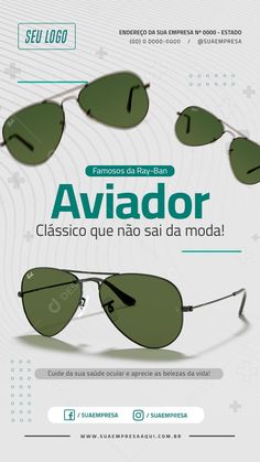 an advertisement for aviator sunglasses with green tinted lenses on the front and side of it