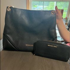 2 Piece Micheal Kors Black Set Purse And Wallet. Black Michael Kors Purse, Michael Kors Black Wallet For Everyday Use, Michael Kors Black Bag With Removable Pouch, Michael Kors Black Shoulder Bag With Zipper, Black Michael Kors Wallet, Tan Shoulder Bag, Mk Purse, Canvas Purse, Michael Kors Shoulder Bag