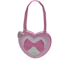 a pink heart shaped purse with a bow on the front and side, hanging from a string