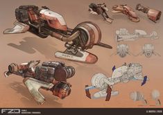 an image of some sci - fi vehicles in various positions on the desert floor, including a space ship