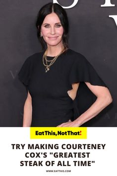 a woman standing in front of a black and white photo with the words eat this not that