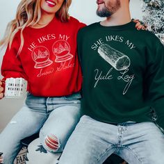 Add some cheeky humor to your holiday wardrobe with these hilarious couple's ugly Christmas sweaters! The guy's sweater reads "She Likes My Yule Log," while the gal's sweater playfully displays "He Likes My Snow Globes" with two snow globes strategically placed over the chest. Perfect for Christmas parties, festive gatherings, or as a unique gift, these sweaters are designed to spread laughs and holiday cheer. Made from soft, high-quality materials, they ensure both comfort and durability. Stand Ugly Sweater Couple Ideas, Christmas Boyfriend Goals, Couples Ugly Christmas Sweaters, Holiday Necessities, Couple Christmas Sweaters, Ugly Sweater Couple, Couple Christmas Gifts, Husband Christmas Gifts, Funny Christmas Sweatshirts