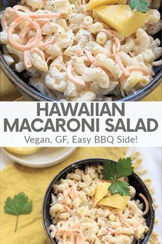 hawaiian macaroni salad in a black bowl with lemon wedges and parsley