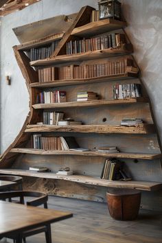 a book shelf made out of wooden planks in a room with tables and chairs