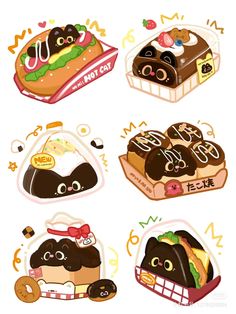 four stickers with different types of food on them