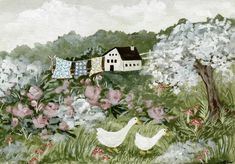 a painting of two ducks in a field with flowers and a house on the hill