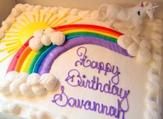 a birthday cake decorated with rainbows, clouds and a unicorn on top that says happy valentine's day hannahwood