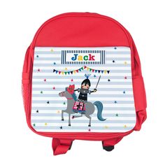 For a brave little one tackling a new school setting, or starting a new school year, treat them to a cool new personalised children's noble knight rucksack to carry their books around in style and comfort. Whether you want to fill it with books, stationary or other school or nursery essentials, this book bag is the perfect size and will handle what even the most challenging of school days can throw at it, meaning you’ll always be on your front foot. This gorgeous children’s birthday or Christmas gift is also great for other adventures too - not just school. From day trips to sleepovers, this hard wearing backpack will be your child’s trusty companion. Personalise with your little one’s name to differentiate it from everybody else’s generic school bags and our specialist team of creatives w Red Standard Backpack For School Events, Red Backpack For School Events, Red Backpack For School Events At Year End, Red Backpack For End Of School Year Events, Red Backpack For End-of-school-year Events, Wearing Backpack, Starting A New School, Books Stationary, Noble Knight