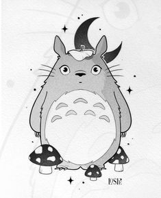 a black and white drawing of a totoro sitting on mushrooms