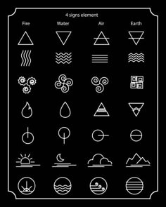 the symbols for different types of water, air and fire on a black background with white outline