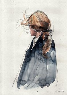 a watercolor painting of a woman with her hair in a ponytail, wearing a black jacket