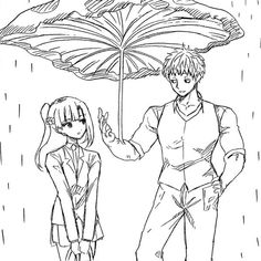 a man and woman standing under an umbrella in the rain, with one holding the other's hand