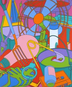 an abstract painting with lots of different items