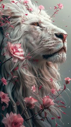 a painting of a white lion with pink flowers on it's head and neck