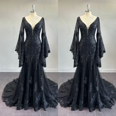 Gothic Black Wedding Dresses Flared Sleeve V Neck Sweep Train A Line Bridal Gown | eBay Goth Princess Wedding Dress, Simple Goth Wedding Dress, Black Wedding Dress Bell Sleeve, Black Lace Wedding Dress Vintage, Black Wedding Dresses Long Sleeve, Vampire Wedding Dresses, Black Witch Wedding Dress, Gothic Bride Wedding Dress, Gothic Reception Dress