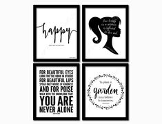 Set of 4 Audrey Hepburn quote printables. B&W. Instant download print. Subway art. Happy girls are the prettiest. For beautiful eyes. Subway Art Printables, Quote Printables, Happy Girls Are The Prettiest, Yarn Crafts For Kids, Audrey Hepburn Quotes, Magnolia Design, Free Printable Wall Art, Free Printable Art, Framed Quotes