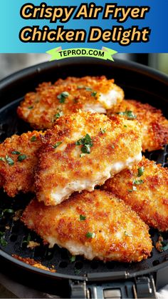 crispy air fryer chicken delight recipe in a skillet with text overlay