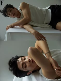 two images of a man laying on a bed with his hands behind his head and the other side of his body