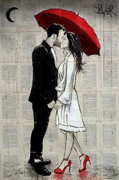 a couple kissing under an umbrella in front of a newspaper page with the word love written on it