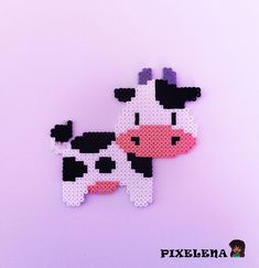 two pieces of perler bead art depicting a cow and a calf on a purple background