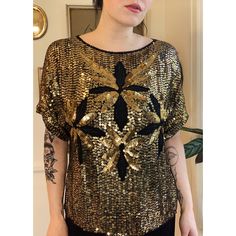 Beautiful glimmering gold and black sequin and silk lined party blouse from the 1980's! Glows and shines with every move! Pull over style. Boxy and blousey in fit.  Size Medium/Large  B up to 40 W up to 38 H up to 44 SL 8 TL 23 Party Blouse, Sequin Party, Black Sequins, Womens Clothing Tops, Blouses For Women, Bathing Beauties, Tops & Tees, T-shirt, Size Medium