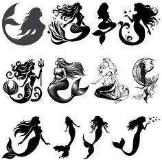 the silhouettes of mermaids are shown in black and white