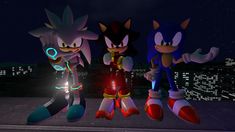 three sonic the hedgehogs standing next to each other in front of a city at night