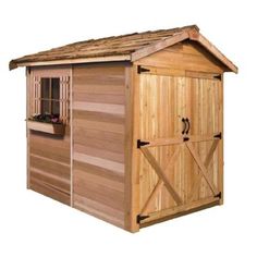 a wooden shed with the door open and windows on it's side, next to a white background