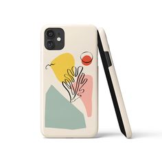 a phone case with an abstract painting on the front and back cover, sitting next to a black pen