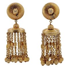 Fabulous Bartek gold tone chandelier clip on earrings. The detailed earrings feature chains with ornate metalwork links ending with ridged balls. Measuring length 8.3cm / 3.2 inches, and the ridged top is diameter 2.35cm / .9 inch. These unusual glamorous statement earrings are perfect for special occasion or evening wear. Bartek was an American company that designed for Napier in the late 1930s, before opening their own business around 1953. Their quality jewellery was mid-century modernist and Ornate Metalwork, Black Cat Superstition, Xoxo Jewelry, Measuring Length, Upcycled Jewelry, Art Deco Period, Own Business, Clip Earrings, Vintage Costume Jewelry