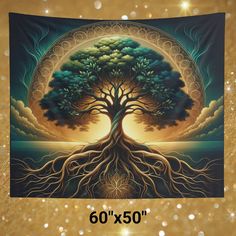 a tapestry hanging on a wall with a tree in the middle