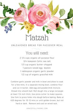 a recipe for matzah with pink flowers and green leaves