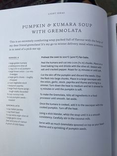 an open book with instructions on how to make pumpkin and kumba soup