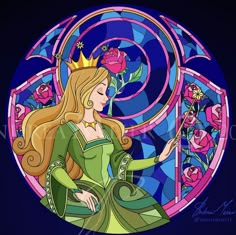 a stained glass painting of a princess holding a rose