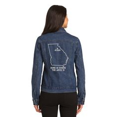 Stay comfortable and show your team spirit with our custom embroidered football gameday denim jacket. Built from sturdy, quality denim, this jacket is perfect for representing your team in style! With its eye-catching embroidery, you can't go wrong with this must-have fan-favorite. 13.75-ounce, 100% garment washed indigo denim Two button-through flap chest pockets Button cuffs Front pockets Long-sleeved Cotton Denim Jacket For College, Long Sleeve Cotton Denim Jacket For College, Casual Cotton Denim Jacket For College, Casual Long Sleeve Denim Jacket For College, Cotton Long Sleeve Denim Jacket For College, Fitted Denim Outerwear With Letter Print, Casual Fall Outerwear For Fan Gear, Fitted Embroidered Denim Jacket For Streetwear, Embroidery Gifts